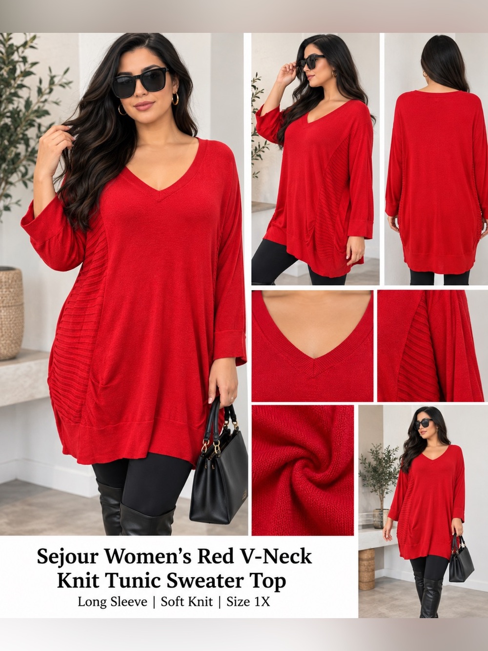 Sejour Red V-Neck Oversized Knit Tunic